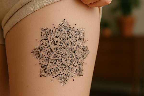 Mandala dotwork z kropkami na udzie