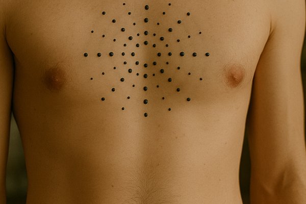 Geometryczny tatuaż z kropkami na klatce piersiowej