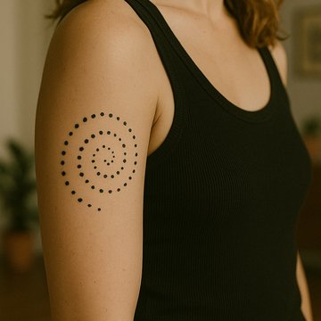 Spiralny tatuaż z kropkami na ramieniu