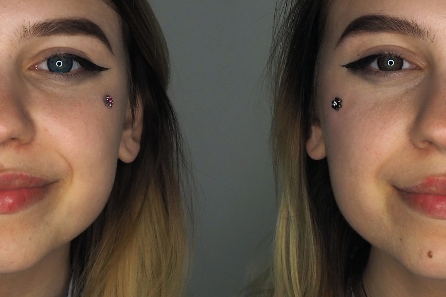 Microdermal pod okiem – różowy kryształ na policzku