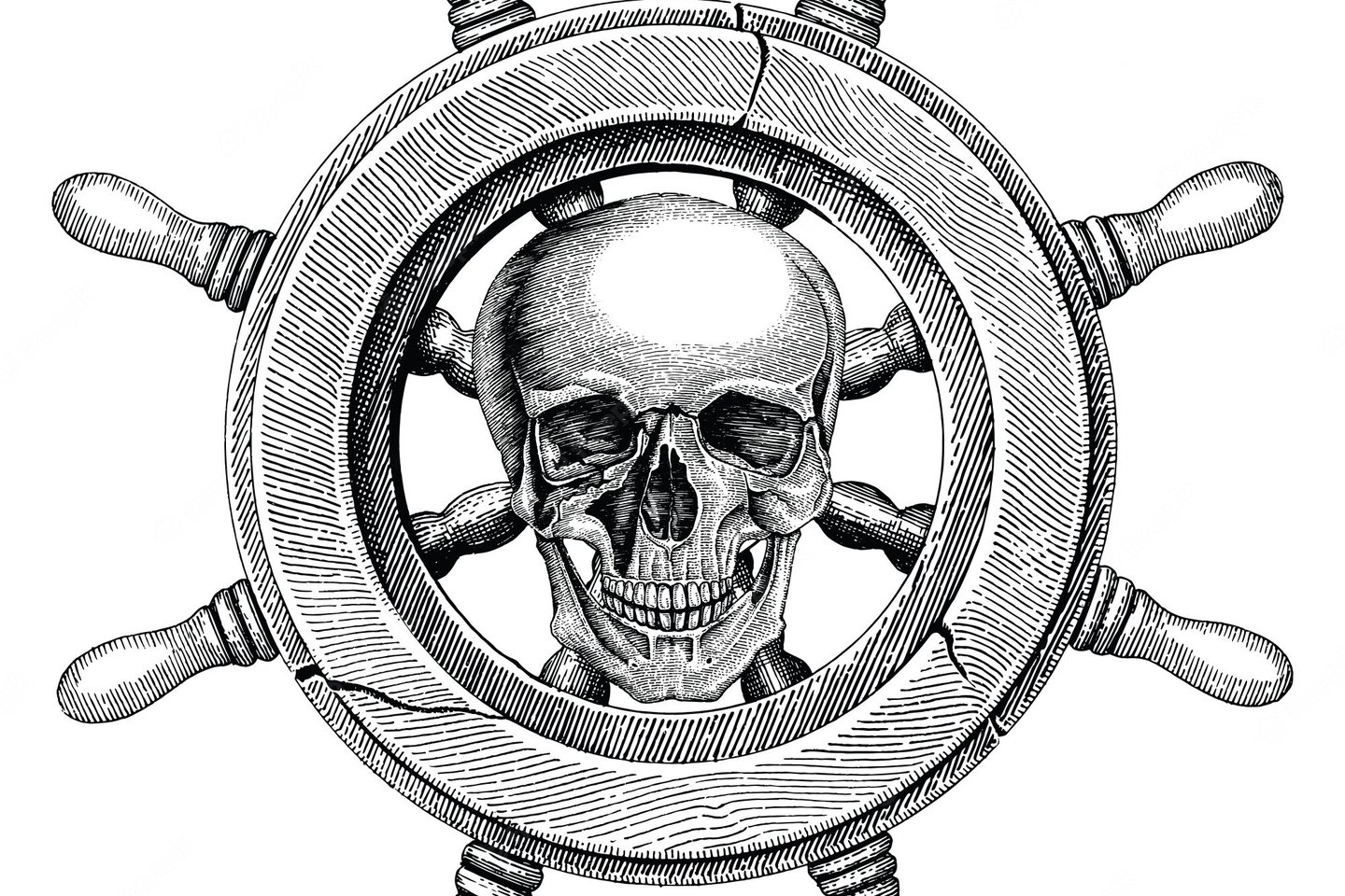 old-steering-wheel-ship-hand-drawing-vintage-style-with-human-skull-pirate-logo_67600-93