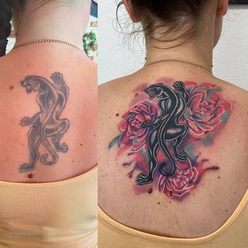 Tatuaż pantery na plecach – przed i po korekcie